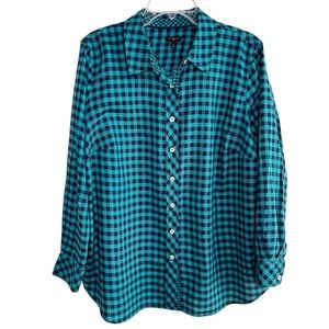 Talbots Womens Tunic Shirt Plus Size 1X Teal & Blue Gingham Plaid Button-down